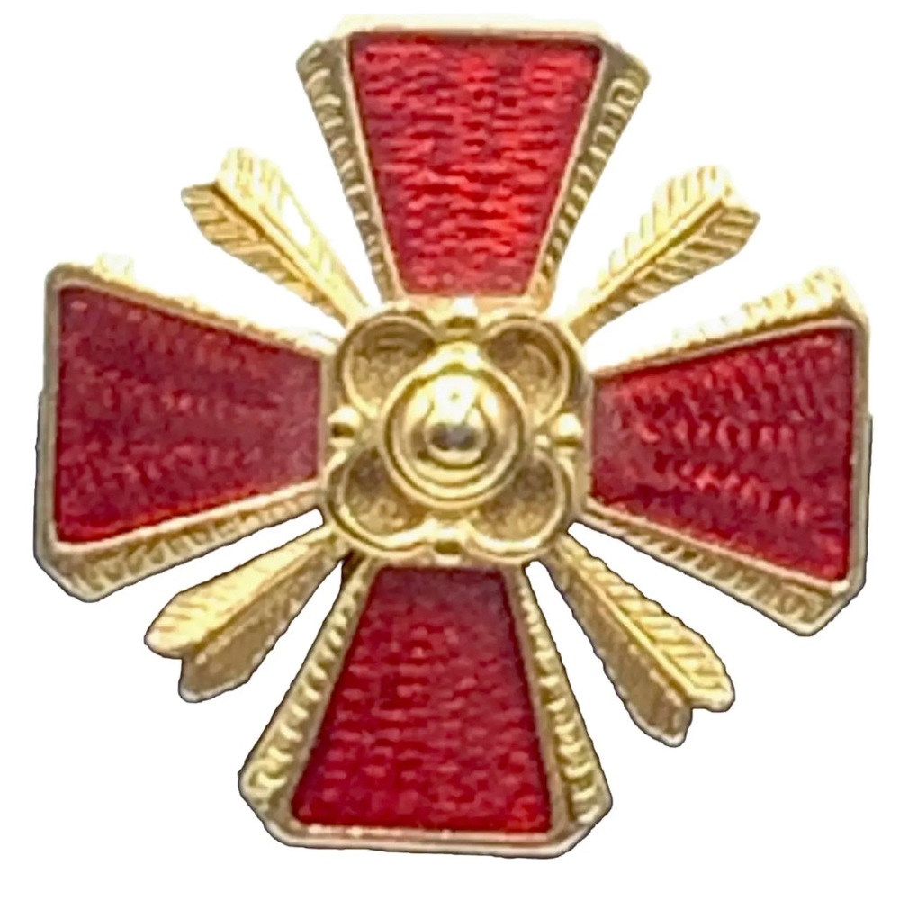 Gold Tone RED Guilloche Maltese Cross Pin Brooch vintage